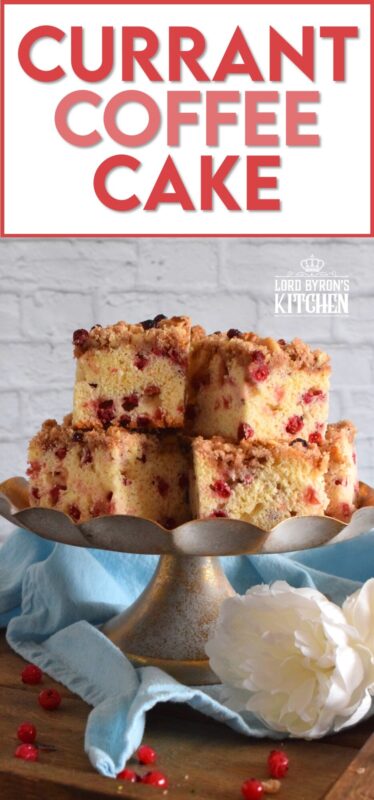 With two whole cups of red currants, and lemon zest, this Currant Coffee Cake tastes tangy, sweet, and very refreshing. With a sweet walnut crumb topping, this is one cake that should be served with a hot tea or coffee. #coffeecake #redcurrants #currants #berries #cake