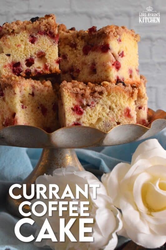 With two whole cups of red currants, and lemon zest, this Currant Coffee Cake tastes tangy, sweet, and very refreshing. With a sweet walnut crumb topping, this is one cake that should be served with a hot tea or coffee. #coffeecake #redcurrants #currants #berries #cake