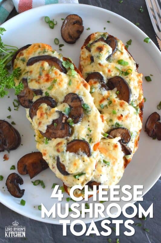 Sometimes you want something quick, easy, and filling. And, sometimes, you want something that is all of those things, as well as cheesy, messy, and loaded with carbs. Four Cheese Mushroom Toasts is just what you need! It's one of those great weeknight dinners that just makes you feel all warm and cozy! #mushroom #cheese #cheesy #toast #toasts #makeitameal