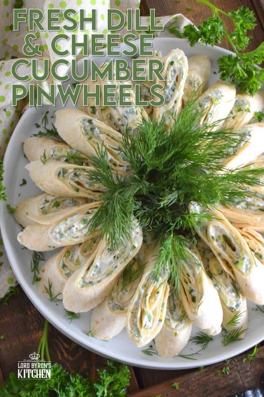 Little sandwiches made with tortillas are often called pinwheels and they are very popular! Not only are they easy to make and quite delicious too, but they are adaptable to any occasion and are enjoyed by kids and adults alike! This particular pinwheel is stuffed with a slightly sweetened cream cheese and chopped cucumber mixture with loads of fresh dill - these just scream spring! #pinwheels #cucumber #dill #appetizers #fingerfoods