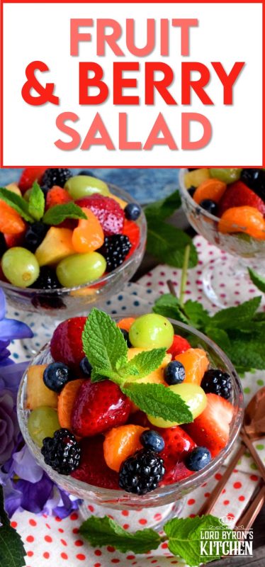Fruit and Berry Salad is always best when comprised of fruit and berries that are currently in season, but there are certainly no die-hard rules; after all, rules were made to be broken! Use a sugar-free jelly to give your fruit that glossy, shiny look!! #fruitsalad #fruitbowl #choppedfruit #glazedfruitsalad #summerfruit #berries #fruitsandberries