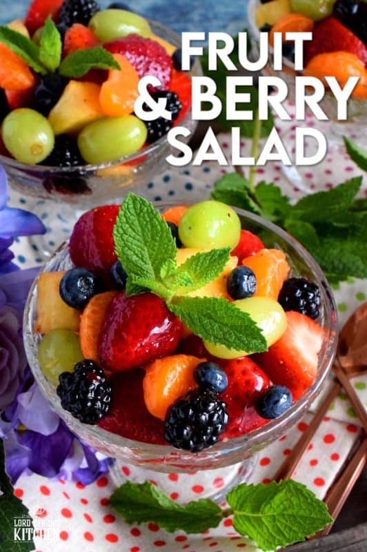 Fruit and Berry Salad is always best when comprised of fruit and berries that are currently in season, but there are certainly no die-hard rules; after all, rules were made to be broken! Use a sugar-free jelly to give your fruit that glossy, shiny look!! #fruitsalad #fruitbowl #choppedfruit #glazedfruitsalad #summerfruit #berries #fruitsandberries