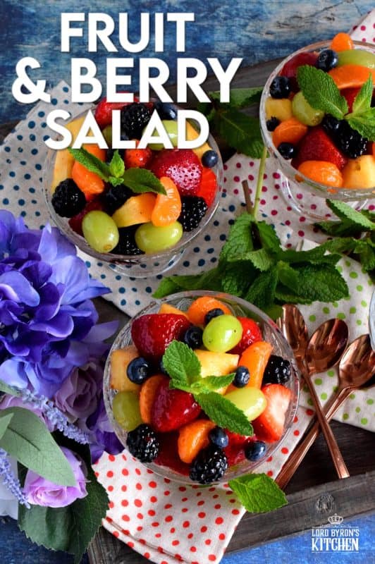 Fruit and Berry Salad is always best when comprised of fruit and berries that are currently in season, but there are certainly no die-hard rules; after all, rules were made to be broken! Use a sugar-free jelly to give your fruit that glossy, shiny look!! #fruitsalad #fruitbowl #choppedfruit #glazedfruitsalad #summerfruit #berries #fruitsandberries