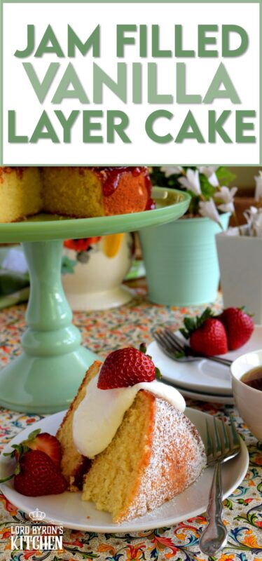 This gorgeous, easy-to-prepare, homemade Jam Filled Vanilla Layer Cake is not only delicious but also quite impressive! Although basic and rustic in presentation, this cake looks like a million bucks! No cake-decorating skills are needed for this beautiful showpiece! And, as a bonus, you can use your favourite jam flavour too! #jam #filling #cake #vanilla #easy #center
