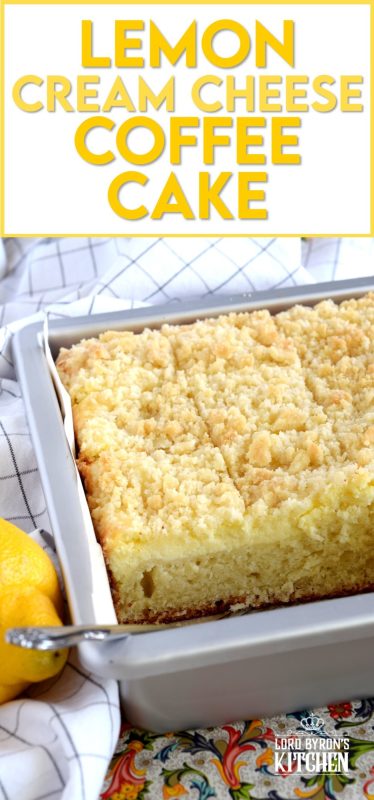 Lemon Cream Cheese Coffee Cake is extra lemony, with a creamy filling and a crumbly topping. Light, refreshing, and delicious; brew the coffee and invite your friends! That's assuming you'll want to share this cake with anyone after you get your first taste! #lemon #coffee #cake #cream #cheese #dessert #summer