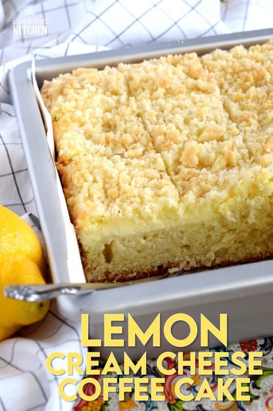 Lemon Cream Cheese Coffee Cake is extra lemony, with a creamy filling and a crumbly topping. Light, refreshing, and delicious; brew the coffee and invite your friends! That's assuming you'll want to share this cake with anyone after you get your first taste! #lemon #coffee #cake #cream #cheese #dessert #summer