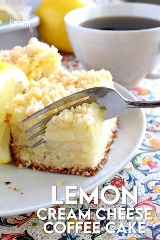 Lemon Cream Cheese Coffee Cake is extra lemony, with a creamy filling and a crumbly topping. Light, refreshing, and delicious; brew the coffee and invite your friends! That's assuming you'll want to share this cake with anyone after you get your first taste! #lemon #coffee #cake #cream #cheese #dessert #summer