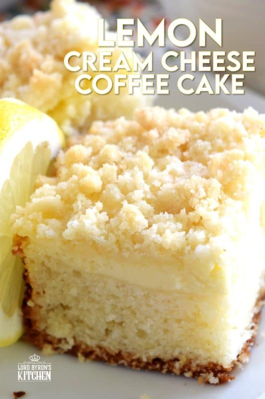 Lemon Cream Cheese Coffee Cake is extra lemony, with a creamy filling and a crumbly topping. Light, refreshing, and delicious; brew the coffee and invite your friends! That's assuming you'll want to share this cake with anyone after you get your first taste! #lemon #coffee #cake #cream #cheese #dessert #summer