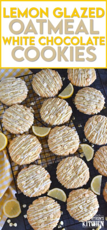 These cookies are both sweet and tart, and completely indulgent too! The flavour combination is created by pairing lemon zest and juice with oats, sugar, white chocolate chips, and vanilla pudding mix! Lemon Glazed Oatmeal White Chocolate Cookies are massively large, soft and chewy, and absolutely delicious! #lemon #oatmealcookies #cookies #glazed #tart #pudding