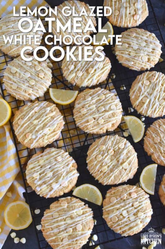 These cookies are both sweet and tart, and completely indulgent too! The flavour combination is created by pairing lemon zest and juice with oats, sugar, white chocolate chips, and vanilla pudding mix! Lemon Glazed Oatmeal White Chocolate Cookies are massively large, soft and chewy, and absolutely delicious! #lemon #oatmealcookies #cookies #glazed #tart #pudding