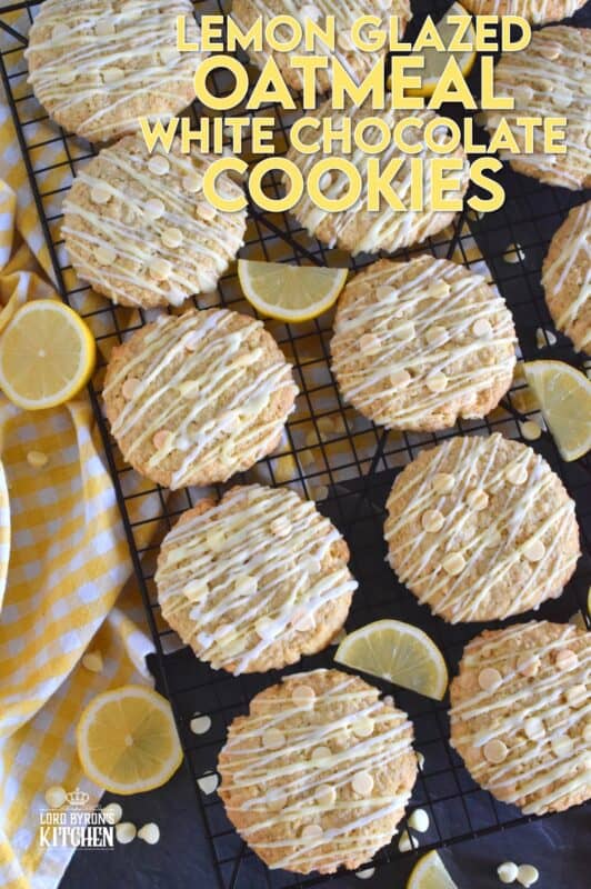 These cookies are both sweet and tart, and completely indulgent too! The flavour combination is created by pairing lemon zest and juice with oats, sugar, white chocolate chips, and vanilla pudding mix! Lemon Glazed Oatmeal White Chocolate Cookies are massively large, soft and chewy, and absolutely delicious! #lemon #oatmealcookies #cookies #glazed #tart #pudding