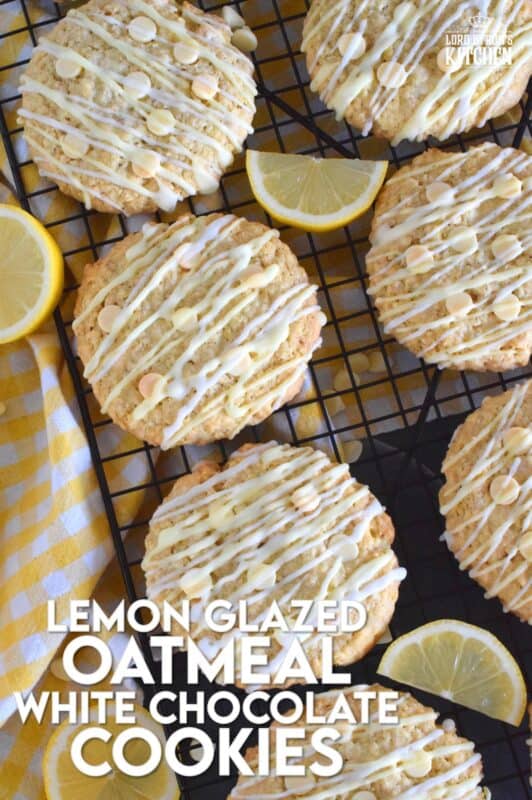 These cookies are both sweet and tart, and completely indulgent too! The flavour combination is created by pairing lemon zest and juice with oats, sugar, white chocolate chips, and vanilla pudding mix! Lemon Glazed Oatmeal White Chocolate Cookies are massively large, soft and chewy, and absolutely delicious! #lemon #oatmealcookies #cookies #glazed #tart #pudding