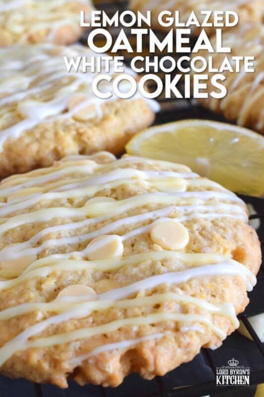 These cookies are both sweet and tart, and completely indulgent too! The flavour combination is created by pairing lemon zest and juice with oats, sugar, white chocolate chips, and vanilla pudding mix! Lemon Glazed Oatmeal White Chocolate Cookies are massively large, soft and chewy, and absolutely delicious! #lemon #oatmealcookies #cookies #glazed #tart #pudding