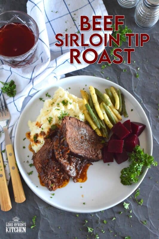 Succulent and moist, and slowly braised with onions and a delicious homemade broth consisting of brewed coffee, Beef Sirloin Tip Roast is delicious and a perfect meal for the entire family! Slow cooking and locking in moisture is the key to a tender, fall-apart roasted beef sirloin dinner! #sirloin #braised #beef #sunday #family #dinner