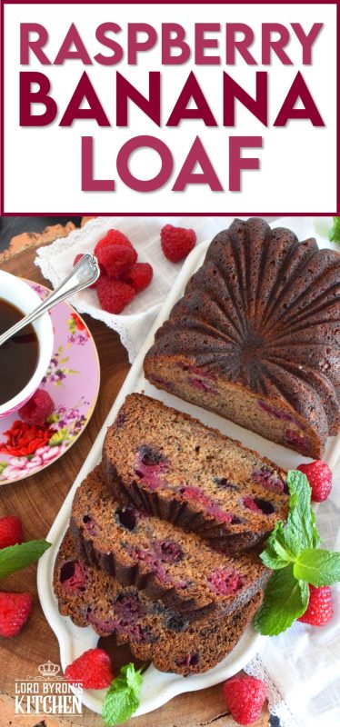 Loaded with fresh raspberries, this Raspberry Banana Loaf is the most moist and delicious loaf ever! Prepared with only a bowl and a spatula; no sifting or adding ingredients one at a time. Dump everything in a bowl, stir to combine, and bake. A loaf like this needs no frosting or fussing; serve thick slices with a hot tea or coffee! #banana #loaf #bread #raspberry #baking #raspberryloaf #onebowl