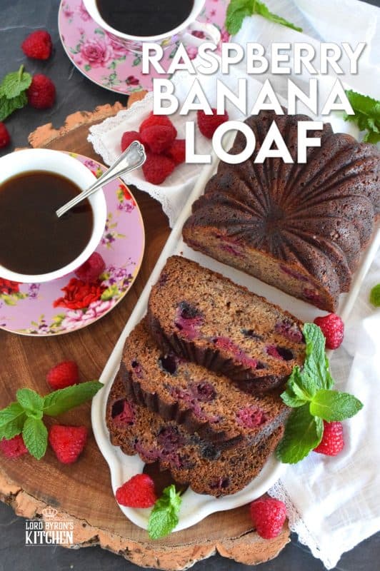 Loaded with fresh raspberries, this Raspberry Banana Loaf is the most moist and delicious loaf ever! Prepared with only a bowl and a spatula; no sifting or adding ingredients one at a time. Dump everything in a bowl, stir to combine, and bake. A loaf like this needs no frosting or fussing; serve thick slices with a hot tea or coffee! #banana #loaf #bread #raspberry #baking #raspberryloaf #onebowl