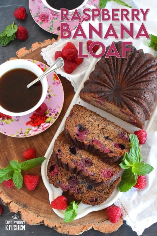 Loaded with fresh raspberries, this Raspberry Banana Loaf is the most moist and delicious loaf ever! Prepared with only a bowl and a spatula; no sifting or adding ingredients one at a time. Dump everything in a bowl, stir to combine, and bake. A loaf like this needs no frosting or fussing; serve thick slices with a hot tea or coffee! #banana #loaf #bread #raspberry #baking #raspberryloaf #onebowl
