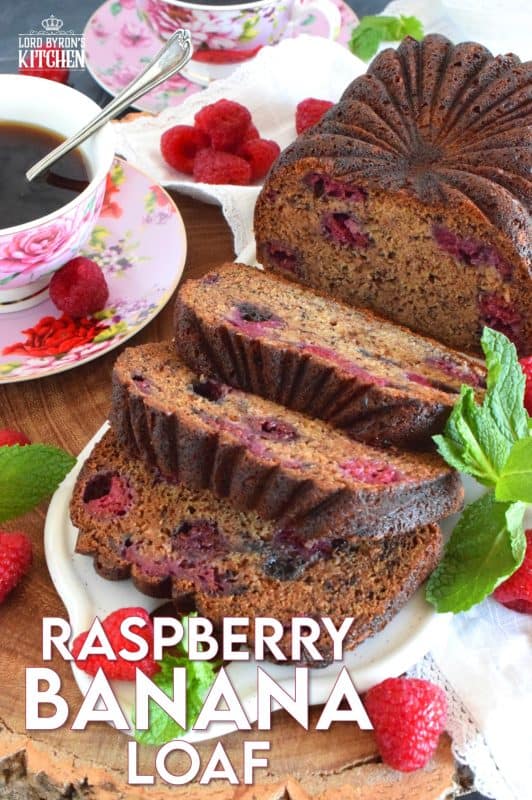 Loaded with fresh raspberries, this Raspberry Banana Loaf is the most moist and delicious loaf ever! Prepared with only a bowl and a spatula; no sifting or adding ingredients one at a time. Dump everything in a bowl, stir to combine, and bake. A loaf like this needs no frosting or fussing; serve thick slices with a hot tea or coffee! #banana #loaf #bread #raspberry #baking #raspberryloaf #onebowl