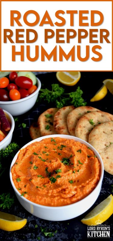 Probably the most common and recognizable hummus, Roasted Red Pepper Hummus packs a punch of deep smoky flavour with a burst of lemon freshness and the warmth of fresh garlic!  A great flavour to start with if the world of homemade hummus is new to you! #hummus #homemade #dip #spreads #redpepper #roasted #roastedredpeppers
