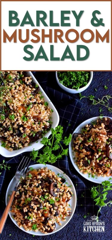 A warm, hearty salad is a great wintertime dinner option, but it's also quite delicious served as a main on a warm, spring evening. Warm Mushroom and Barley Salad is prepared with caramelized shallots and is bursting with bright citrus-y flavour too! #barley #warmsalad #salad #mushrooms