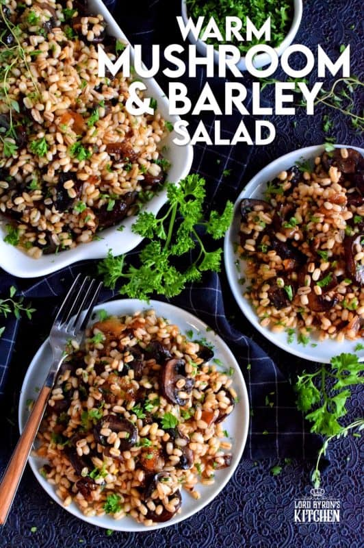 A warm, hearty salad is a great wintertime dinner option, but it's also quite delicious served as a main on a warm, spring evening. Warm Mushroom and Barley Salad is prepared with caramelized shallots and is bursting with bright citrus-y flavour too! #barley #warmsalad #salad #mushrooms