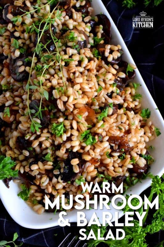 A warm, hearty salad is a great wintertime dinner option, but it's also quite delicious served as a main on a warm, spring evening. Warm Mushroom and Barley Salad is prepared with caramelized shallots and is bursting with bright citrus-y flavour too! #barley #warmsalad #salad #mushrooms