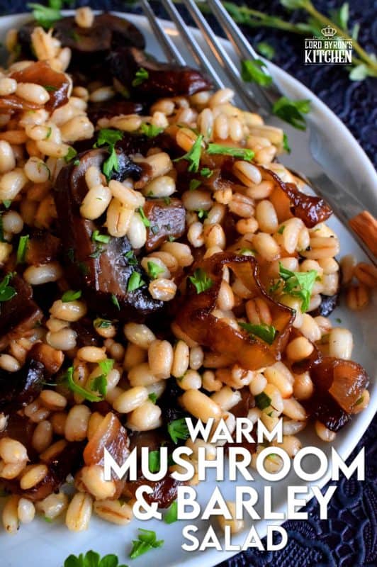 A warm, hearty salad is a great wintertime dinner option, but it's also quite delicious served as a main on a warm, spring evening. Warm Mushroom and Barley Salad is prepared with caramelized shallots and is bursting with bright citrus-y flavour too! #barley #warmsalad #salad #mushrooms