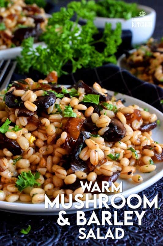 A warm, hearty salad is a great wintertime dinner option, but it's also quite delicious served as a main on a warm, spring evening. Warm Mushroom and Barley Salad is prepared with caramelized shallots and is bursting with bright citrus-y flavour too! #barley #warmsalad #salad #mushrooms