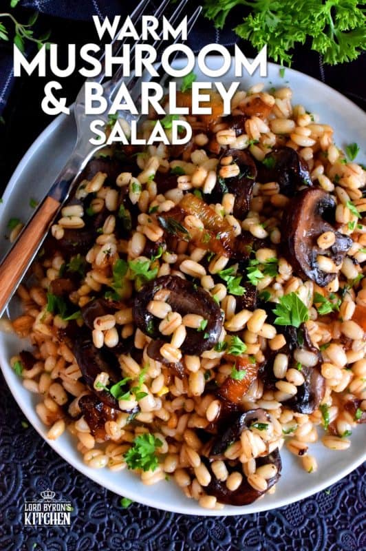 A warm, hearty salad is a great wintertime dinner option, but it's also quite delicious served as a main on a warm, spring evening. Warm Mushroom and Barley Salad is prepared with caramelized shallots and is bursting with bright citrus-y flavour too! #barley #warmsalad #salad #mushrooms