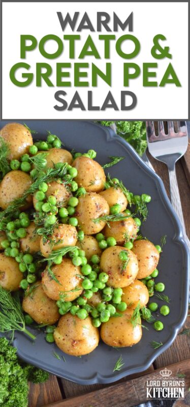 This warm salad consists of pillow-soft baby potatoes, bright green peas, and lots of fresh dill. These are tossed in a dressing prepared with olive oil, grainy mustard, champagne vinegar, and seasonings. Serve this dish anytime, because a really good potato salad is always a hit! #potatosalad #dill #babypotatoes #greenpeas #warmsalad