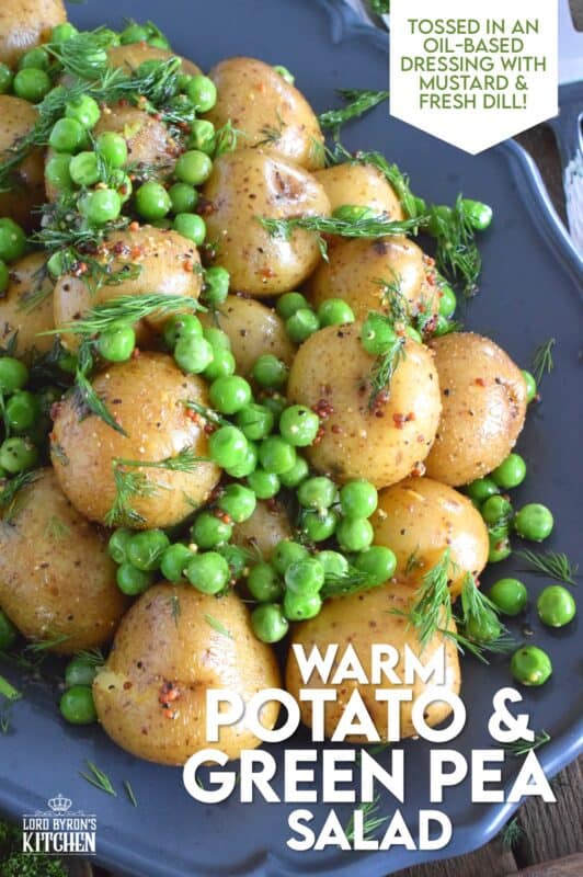 This warm salad consists of pillow-soft baby potatoes, bright green peas, and lots of fresh dill. These are tossed in a dressing prepared with olive oil, grainy mustard, champagne vinegar, and seasonings. Serve this dish anytime, because a really good potato salad is always a hit! #potatosalad #dill #babypotatoes #greenpeas #warmsalad