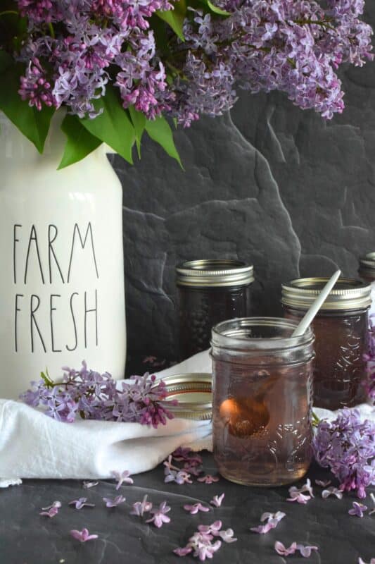 Turn those delicate pinkish-purple petals into a sweet, delicious treat! Lilac Blossom Jelly is prepared by steeping lilacs in water and straining the juice. Add in some sugar and pectic and in no time, you'll be spreading this jelly onto your toast and scones. Actually, you might just want to spoon this fragrant jelly over everything! #lilac #jelly #lilacs #canning #waterbath #edibleflowers