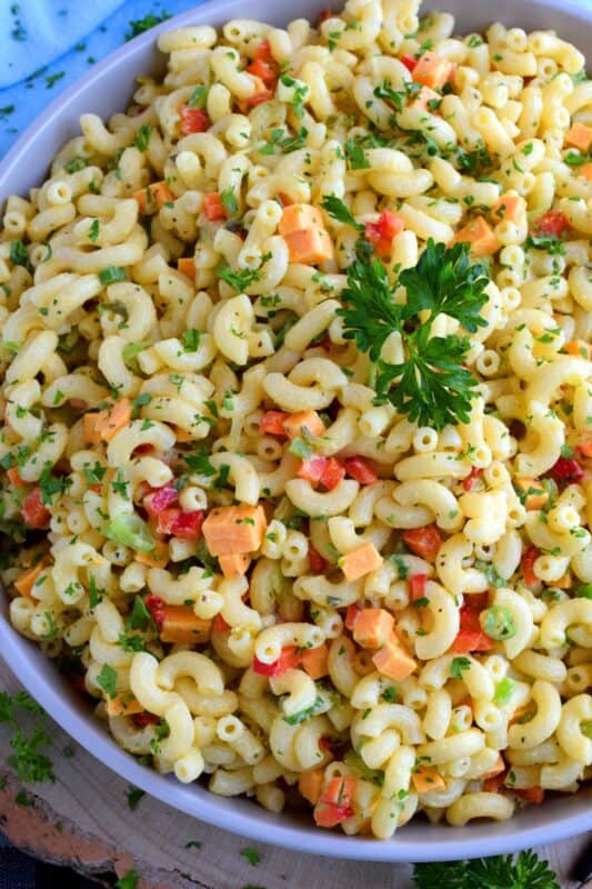 Creamy and flavourful, with red and green bell peppers, green relish, green onions, and cheddar cheese; Mom's Classic Macaroni Salad is a dish served best any time you like! Because, when something tastes this good, it's good any time and all the time! #pasta #macaroni #salad #classic #mom