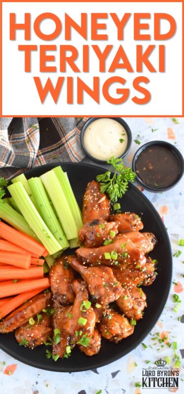 These chicken wings are first baked to golden perfection before being tossed in the most delicious sticky, sweet sauce. The sauce is made from scratch in just a few minutes, and with its sweet, tangy, savoury, and salty flavour, these Honeyed Teriyaki Wings are the absolute best! #wings #chickenwings #teriyaki #honey #honeyed #bakednotfried