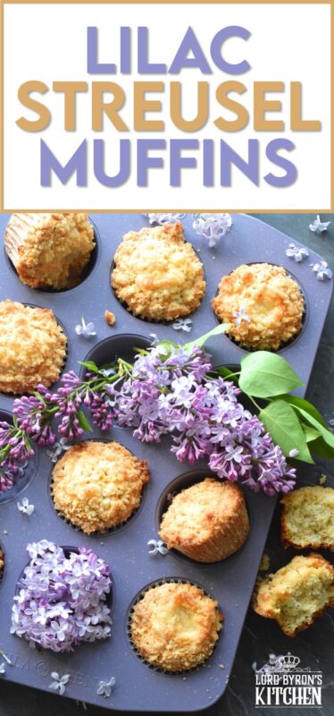 Mildly sweet Lilac Streusel Muffins are made with real lilac flowers, sweetened with homemade lilac sugar, and tinted with a floral, fragrant homemade lilac syrup. If that wasn't enough, the streusel crumb topping is super easy to make and adds a nice flaky crunch to the top of the deliciously soft and moist muffin! #lilac #streusel #muffins #lilacs #edibleflowers #crumbtopping