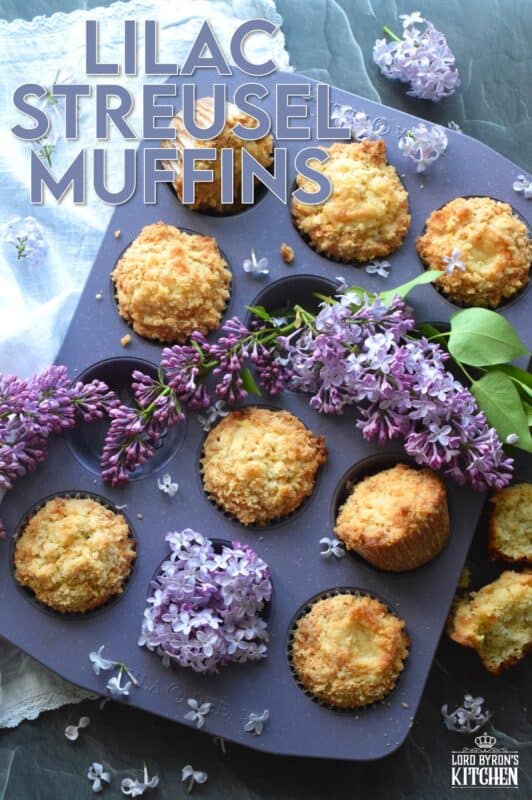 Mildly sweet Lilac Streusel Muffins are made with real lilac flowers, sweetened with homemade lilac sugar, and tinted with a floral, fragrant homemade lilac syrup. If that wasn't enough, the streusel crumb topping is super easy to make and adds a nice flaky crunch to the top of the deliciously soft and moist muffin! #lilac #streusel #muffins #lilacs #edibleflowers #crumbtopping