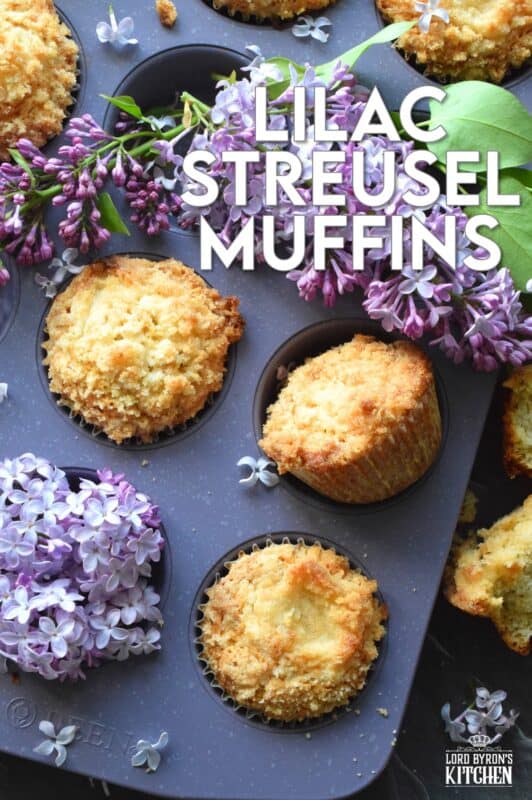 Mildly sweet Lilac Streusel Muffins are made with real lilac flowers, sweetened with homemade lilac sugar, and tinted with a floral, fragrant homemade lilac syrup. If that wasn't enough, the streusel crumb topping is super easy to make and adds a nice flaky crunch to the top of the deliciously soft and moist muffin! #lilac #streusel #muffins #lilacs #edibleflowers #crumbtopping