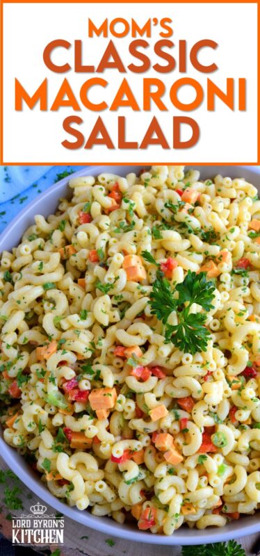 Creamy and flavourful, with red and green bell peppers, green relish, green onions, and cheddar cheese; Mom's Classic Macaroni Salad is a dish served best any time you like! Because, when something tastes this good, it's good any time and all the time! #pasta #macaroni #salad #classic #mom