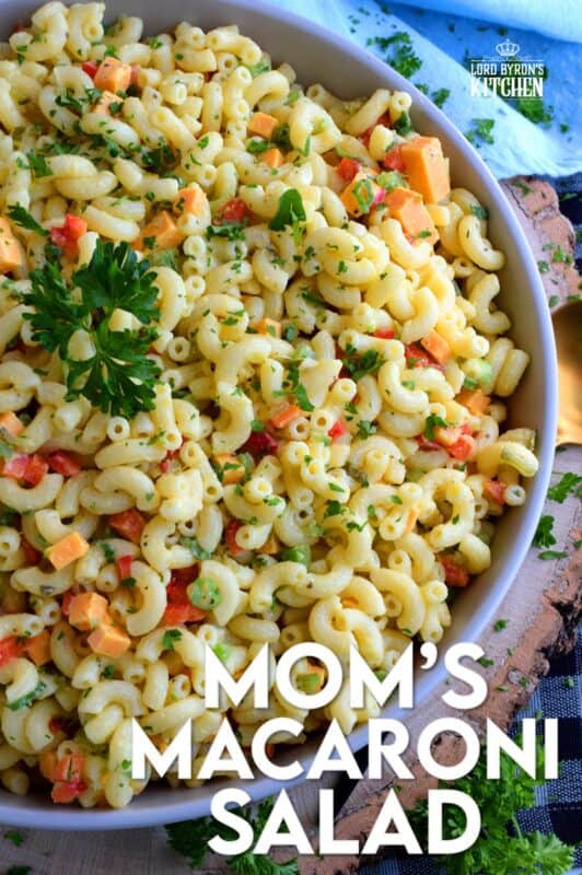 Creamy and flavourful, with red and green bell peppers, green relish, green onions, and cheddar cheese; Mom's Classic Macaroni Salad is a dish served best any time you like! Because, when something tastes this good, it's good any time and all the time! #pasta #macaroni #salad #classic #mom