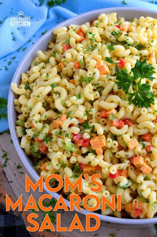 Creamy and flavourful, with red and green bell peppers, green relish, green onions, and cheddar cheese; Mom's Classic Macaroni Salad is a dish served best any time you like! Because, when something tastes this good, it's good any time and all the time! #pasta #macaroni #salad #classic #mom