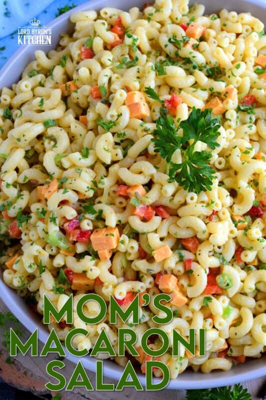 Creamy and flavourful, with red and green bell peppers, green relish, green onions, and cheddar cheese; Mom's Classic Macaroni Salad is a dish served best any time you like! Because, when something tastes this good, it's good any time and all the time! #pasta #macaroni #salad #classic #mom