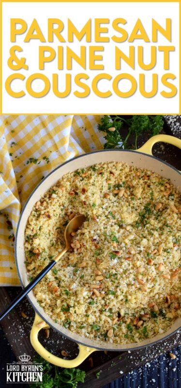 In less than 20 minutes, Parmesan and Pine Nut Couscous comes together to make the most delicious side dish. With the delicate crunch of the toasted nuts, and the salty nuttiness of the parmesan, this side tastes like high end restaurant dining, but prepared easily right in the comfort of your own kitchen! #pantry #ingredients #cooking #couscous #pinenuts #parmesan #cheese