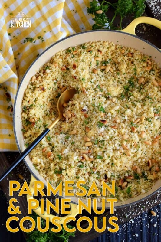 In less than 20 minutes, Parmesan and Pine Nut Couscous comes together to make the most delicious side dish. With the delicate crunch of the toasted nuts, and the salty nuttiness of the parmesan, this side tastes like high end restaurant dining, but prepared easily right in the comfort of your own kitchen! #pantry #ingredients #cooking #couscous #pinenuts #parmesan #cheese