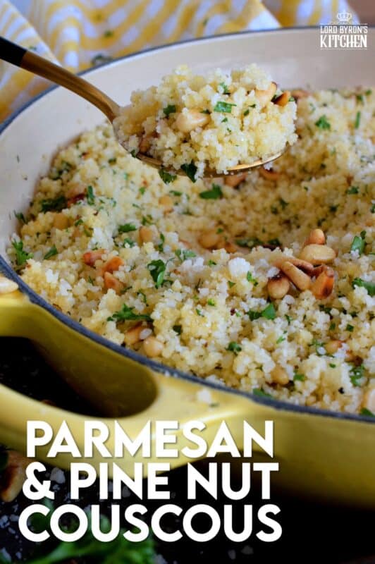 In less than 20 minutes, Parmesan and Pine Nut Couscous comes together to make the most delicious side dish. With the delicate crunch of the toasted nuts, and the salty nuttiness of the parmesan, this side tastes like high end restaurant dining, but prepared easily right in the comfort of your own kitchen! #pantry #ingredients #cooking #couscous #pinenuts #parmesan #cheese