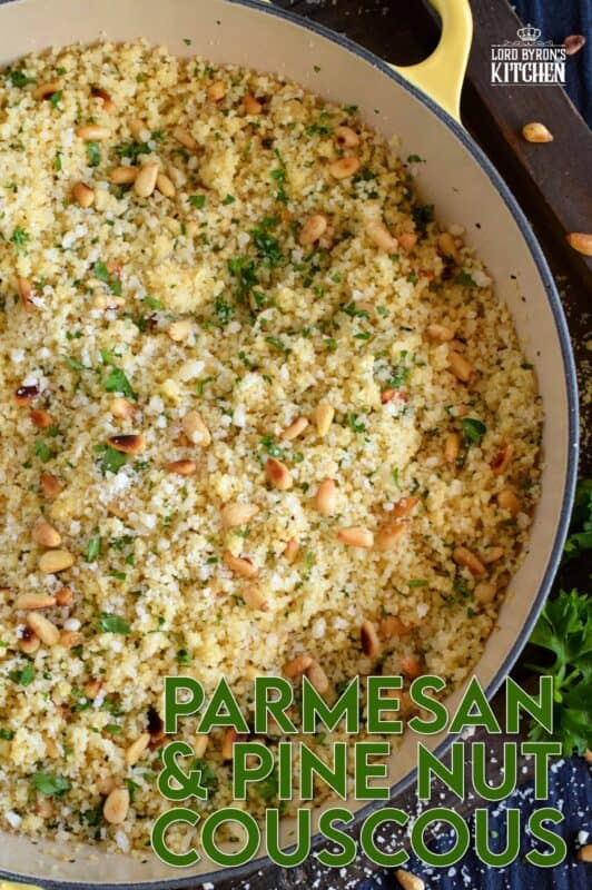 In less than 20 minutes, Parmesan and Pine Nut Couscous comes together to make the most delicious side dish. With the delicate crunch of the toasted nuts, and the salty nuttiness of the parmesan, this side tastes like high end restaurant dining, but prepared easily right in the comfort of your own kitchen! #pantry #ingredients #cooking #couscous #pinenuts #parmesan #cheese