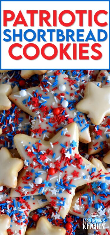 A classic, old-fashioned shortbread recipe is the basis of this festively decorated and garnished, beautiful Patriotic Glazed Shortbread Cookies. These are gorgeous and look super appealing. They make a great gift idea too! The light, buttery, crisp cookie stands up well to the shiny, sugary icing! #patriotic #4thofjuly #independenceday #baking #redwhiteandblue #redwhite&blue #cookies #sprinkles #shortbread