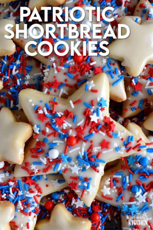 A classic, old-fashioned shortbread recipe is the basis of this festively decorated and garnished, beautiful Patriotic Glazed Shortbread Cookies. These are gorgeous and look super appealing. They make a great gift idea too! The light, buttery, crisp cookie stands up well to the shiny, sugary icing! #patriotic #4thofjuly #independenceday #baking #redwhiteandblue #redwhite&blue #cookies #sprinkles #shortbread