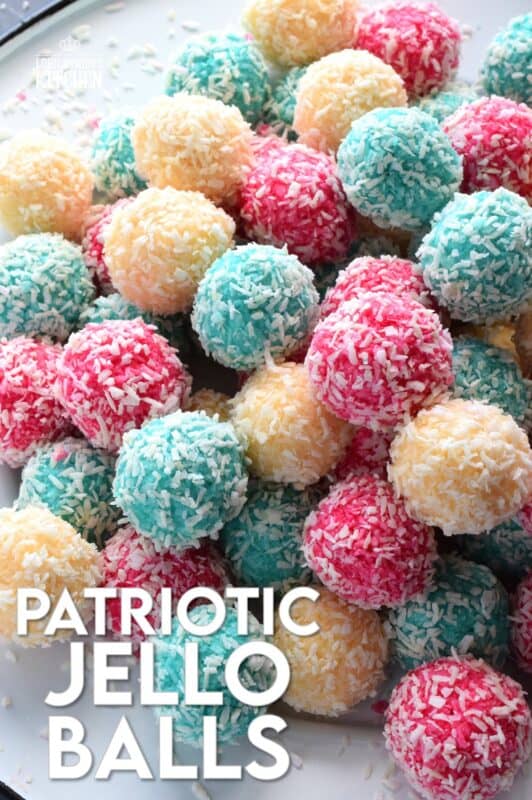 Everyone loves no bake recipes, but what about no baking, no melting, and just one mixing bowl? Patriotic Jello Balls are one of the easiest 4th of July treats you'll make this summer! And, not only that, they taste great too! Can you believe these are made with only three ingredients!? #patriotic #4thofjuly #redwhiteblue #nobake #american #independenceday