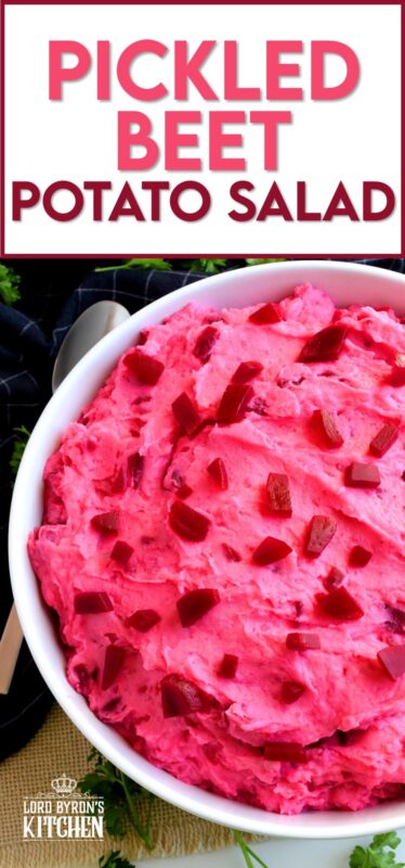 Pickled Beet Potato Salad is a sweet and creamy side dish paired perfectly with chicken or roast beef; a perfect summer potluck take-along side dish! Vibrantly pink and quite frankly, a bit odd, but super delicious and a conversation starter too! What more could you ask for in a potato salad? #pickled #beet #potato #salad #potatosalad #pinkfood
