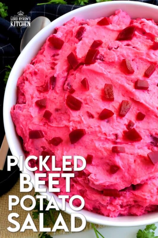 Pickled Beet Potato Salad is a sweet and creamy side dish paired perfectly with chicken or roast beef; a perfect summer potluck take-along side dish! Vibrantly pink and quite frankly, a bit odd, but super delicious and a conversation starter too! What more could you ask for in a potato salad? #pickled #beet #potato #salad #potatosalad #pinkfood